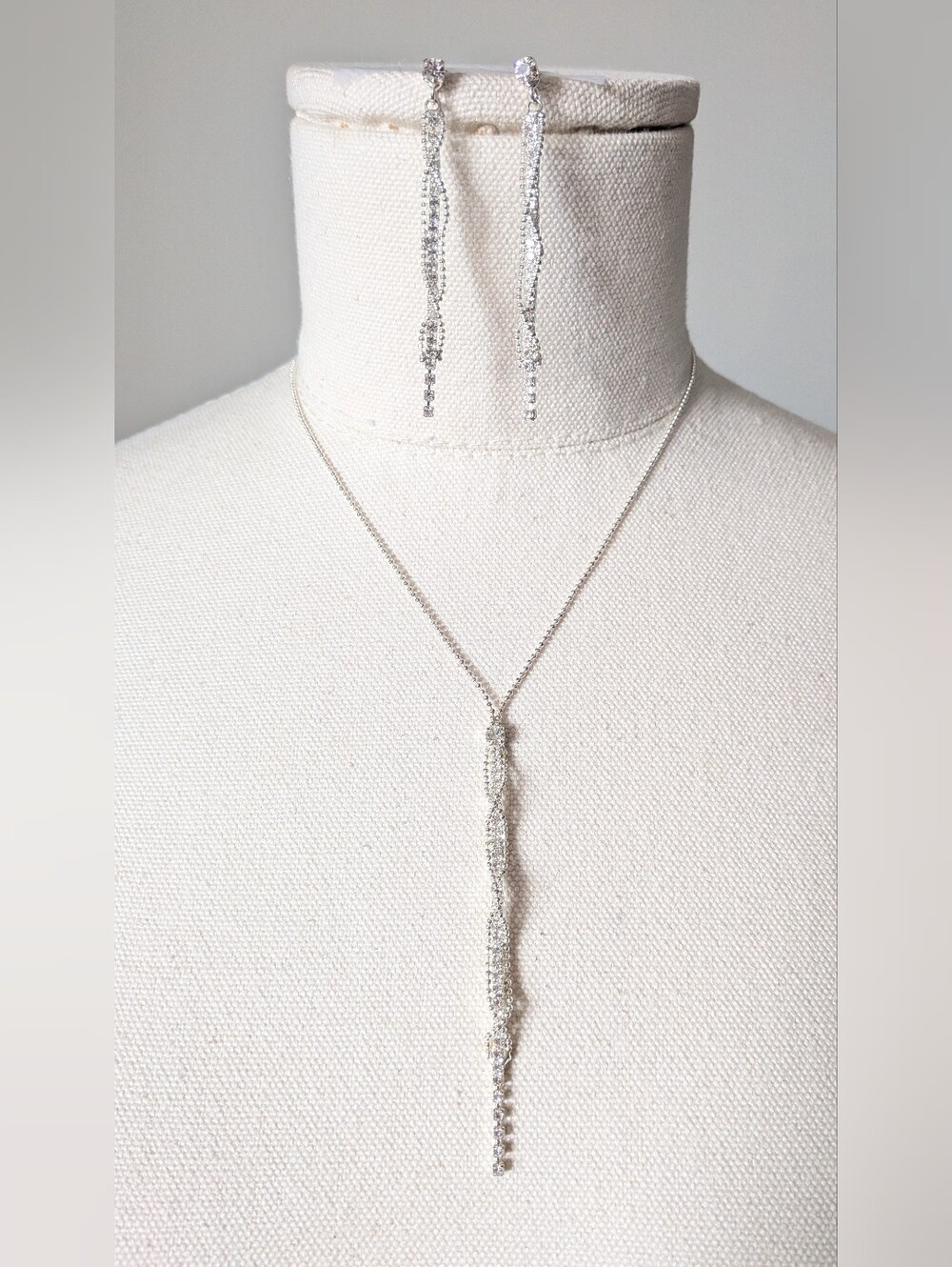 Bridal Rhinestone Elegant Silver Crystal Lariat Necklace & Earring Set